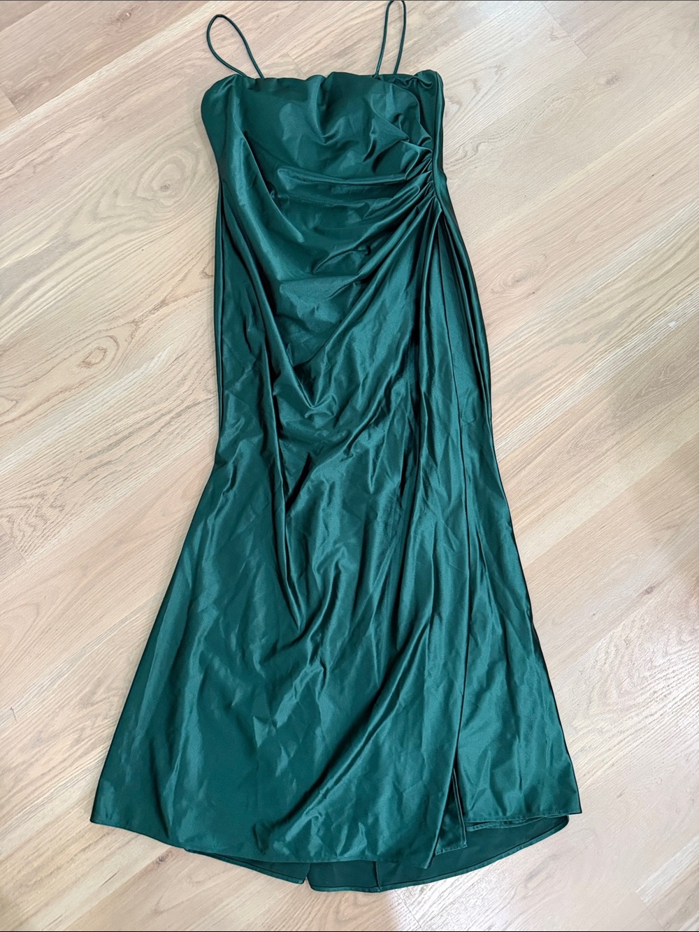 Aspeed USA Emerald Green Satin Ruched Spaghetti Strap Maxi Gown 3XL